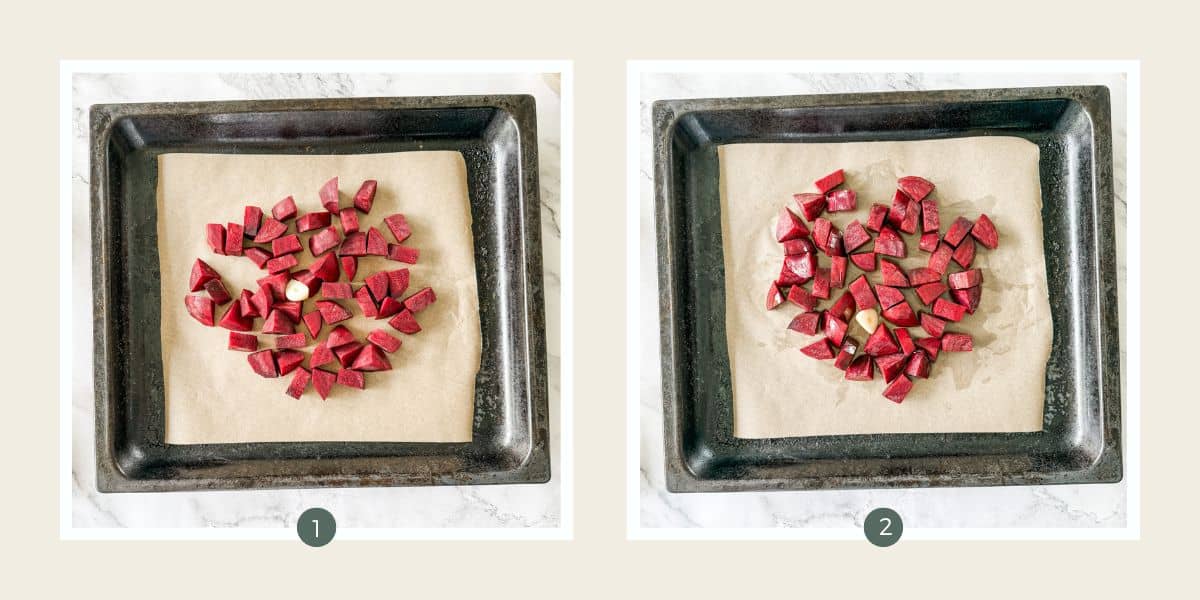 Beetroot and garlic on an oven tray to make beetroot and walnut dip. 