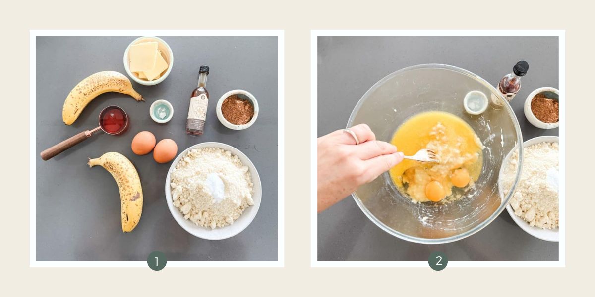 Ingredients for making gluten free chocolate muffins and glass bowl with mashed banana, melted butter and eggs. 
