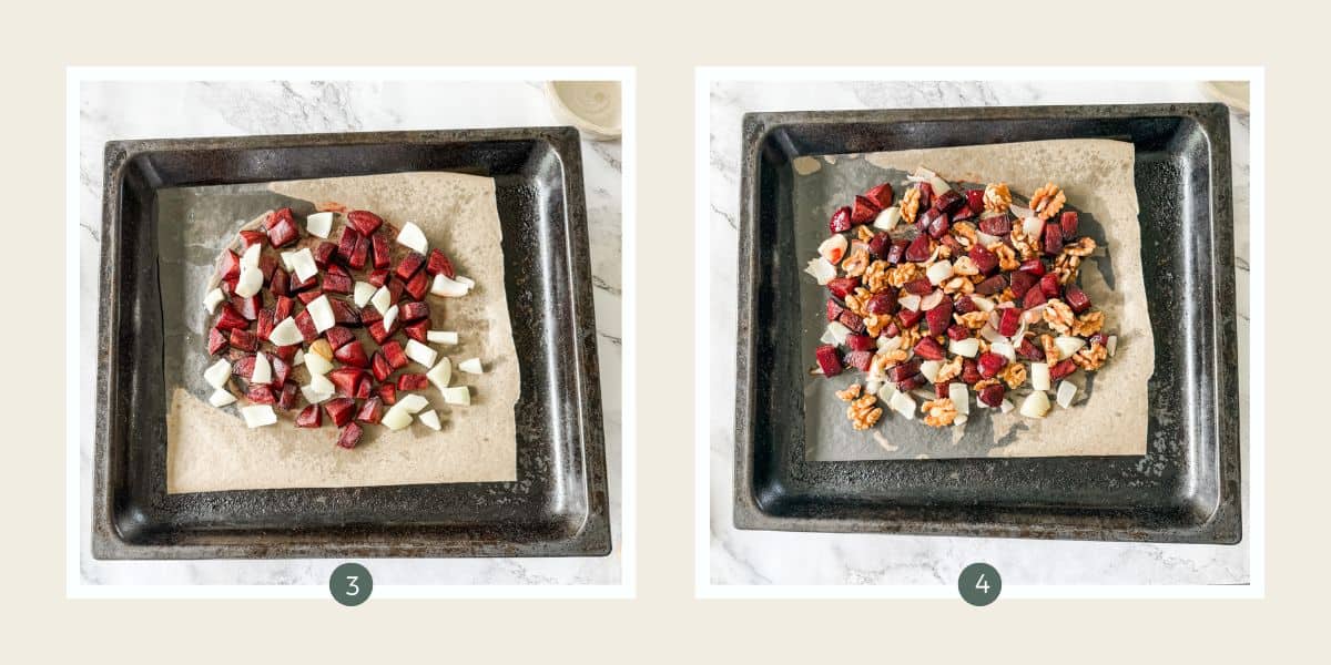 Cooked beetroot and garlic on an oven tray with chopped onion and walnuts to make dip. 