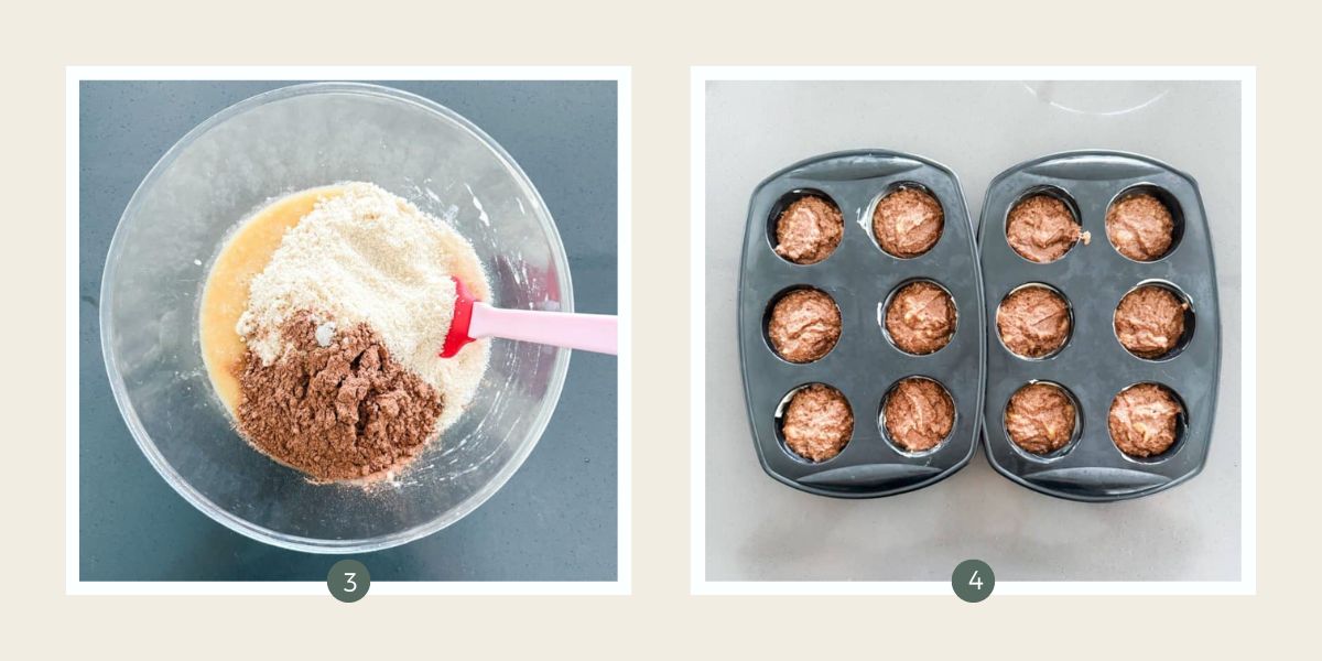 Bowl of banana, egg and melted butter with added almond meal, cacao and chocolate and muffin batter in muffin tin. 