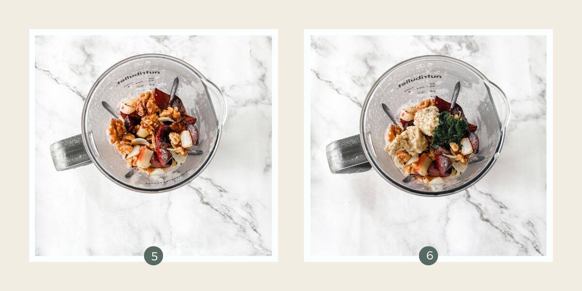 Blending cooked beetroot, onion, walnut & spices to make beetroot walnut dip. 