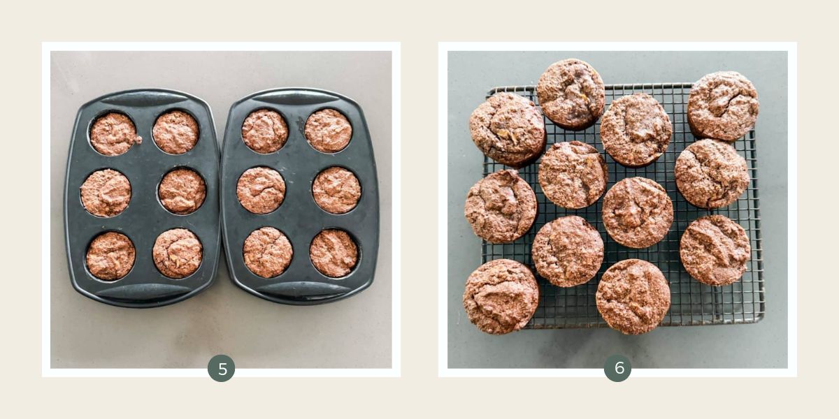 Gluten free chocolate muffins in muffin tin and cooling on a wire rack. 