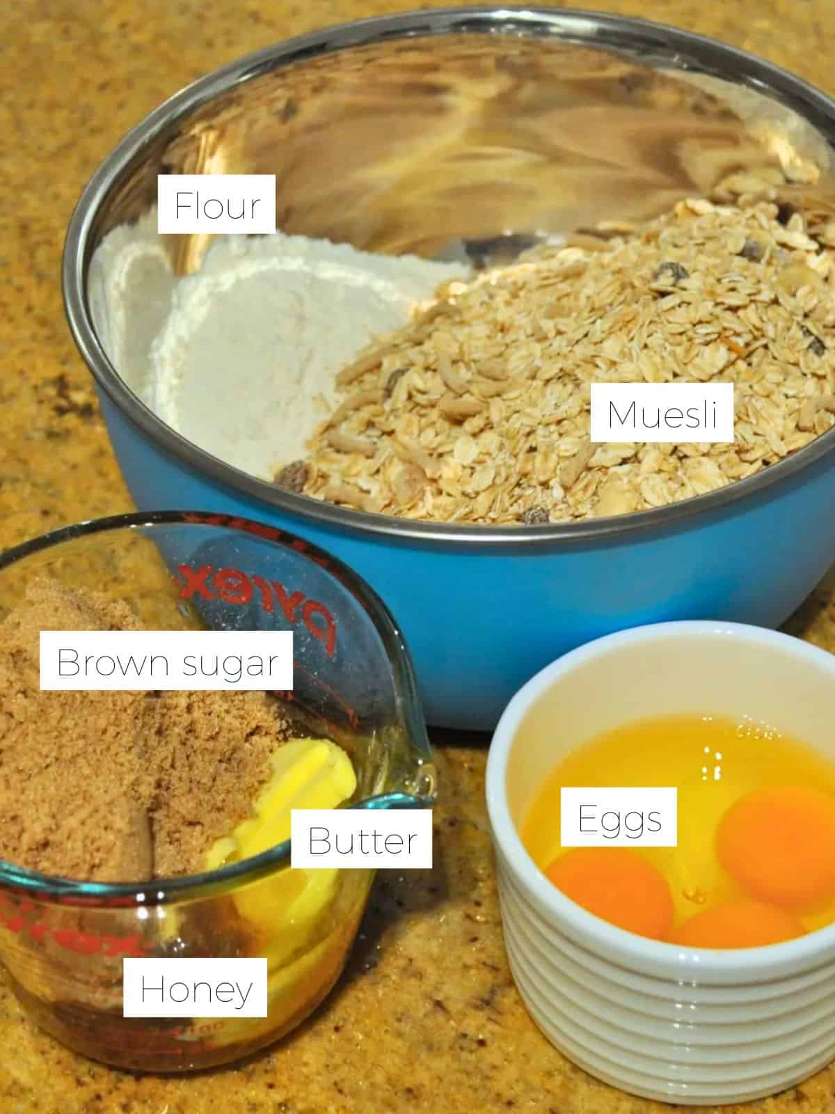 Ingredients measured out to make easy homemade muesli bars