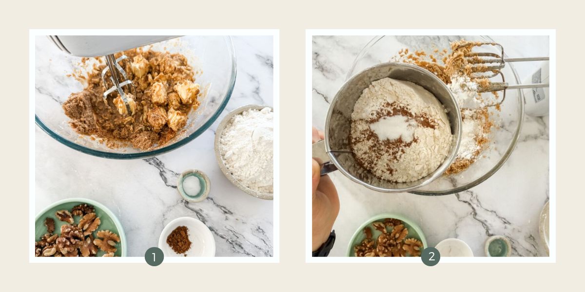 Making brown sugar walnut biscuits - butter and brown sugar in a bowl being beaten. 