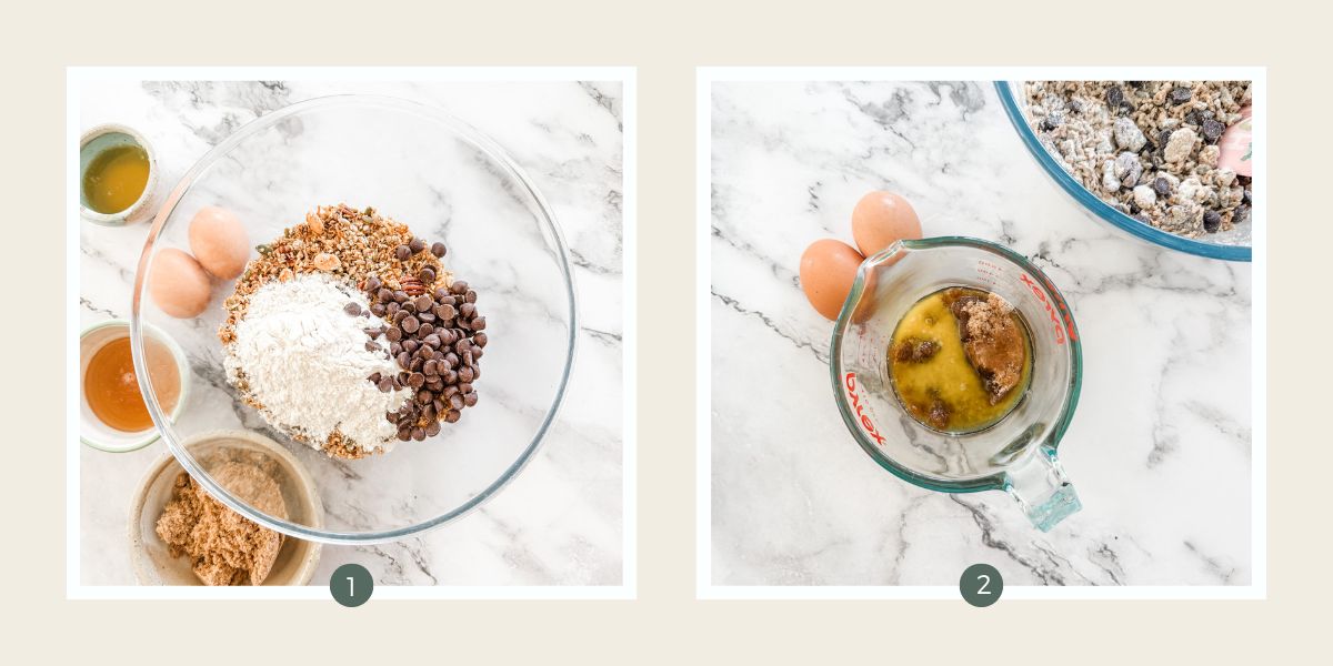 Flour, muesli and chocolate chips in large bowl and measuring jug with butter, sugar melting.