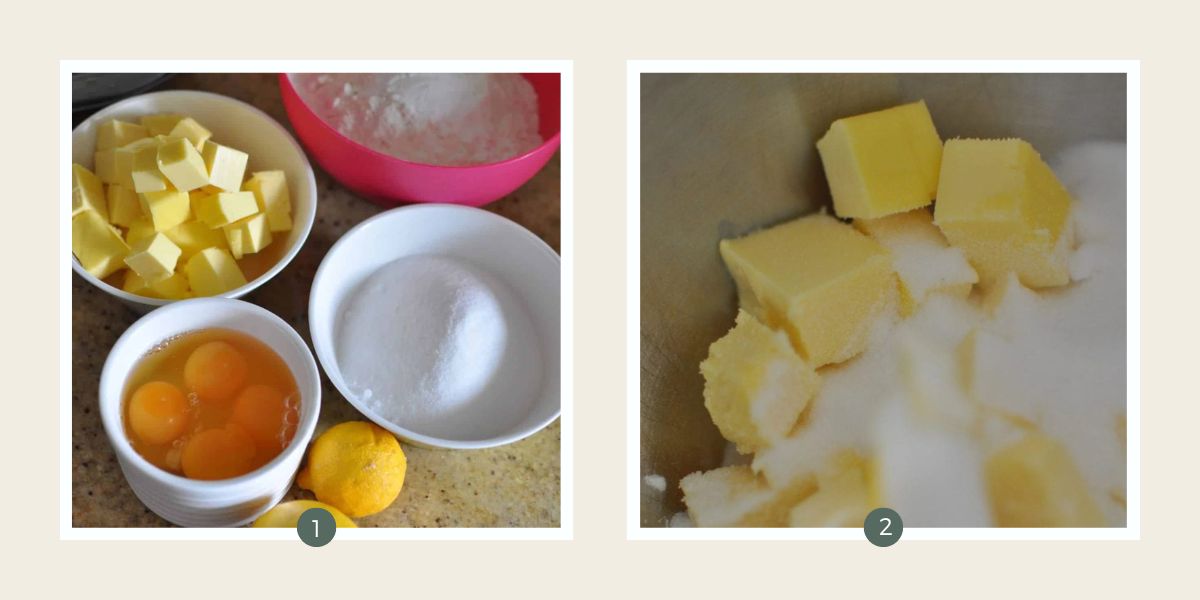 Ingredients for Easy Madeira loaf cakes with lemon icing - sugar, lemons, flour, butter & milk and sugar and butter in mixing bowl. 