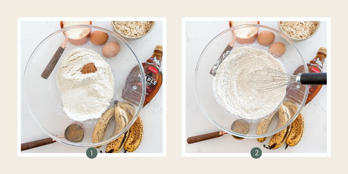 Flour and baking powder in large glass bowl to make Banana Oat Muffins.