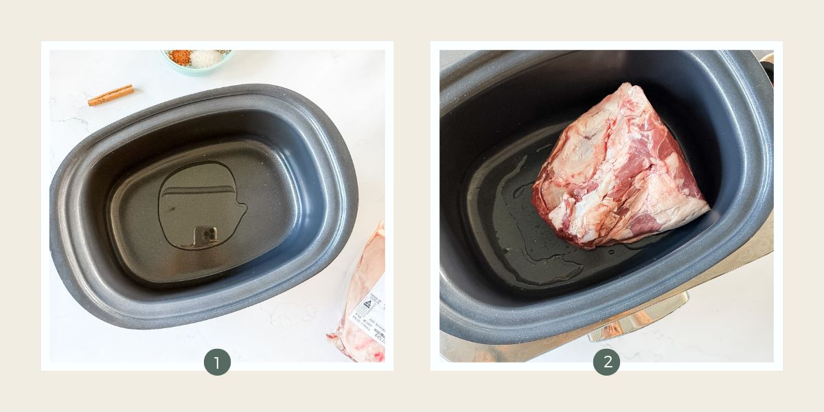 Slow cooker bowl with oil in it and a leg of lamb with the bone in to make slow cooker mexican lamb.