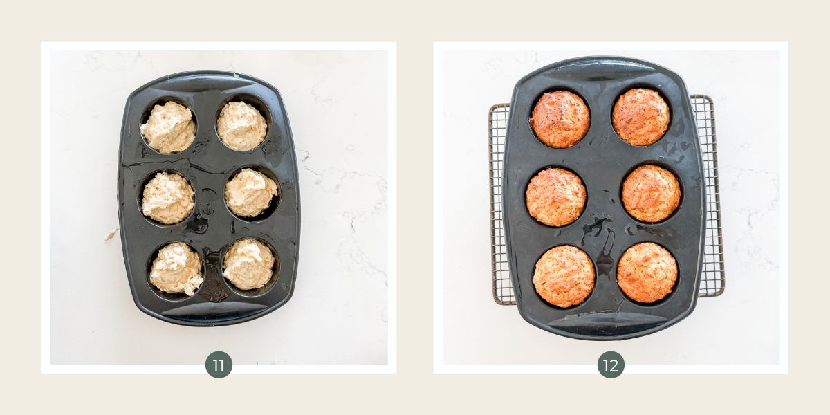 6 hole muffin tin with Healthy Banana Oat Muffin batter before and after baking.