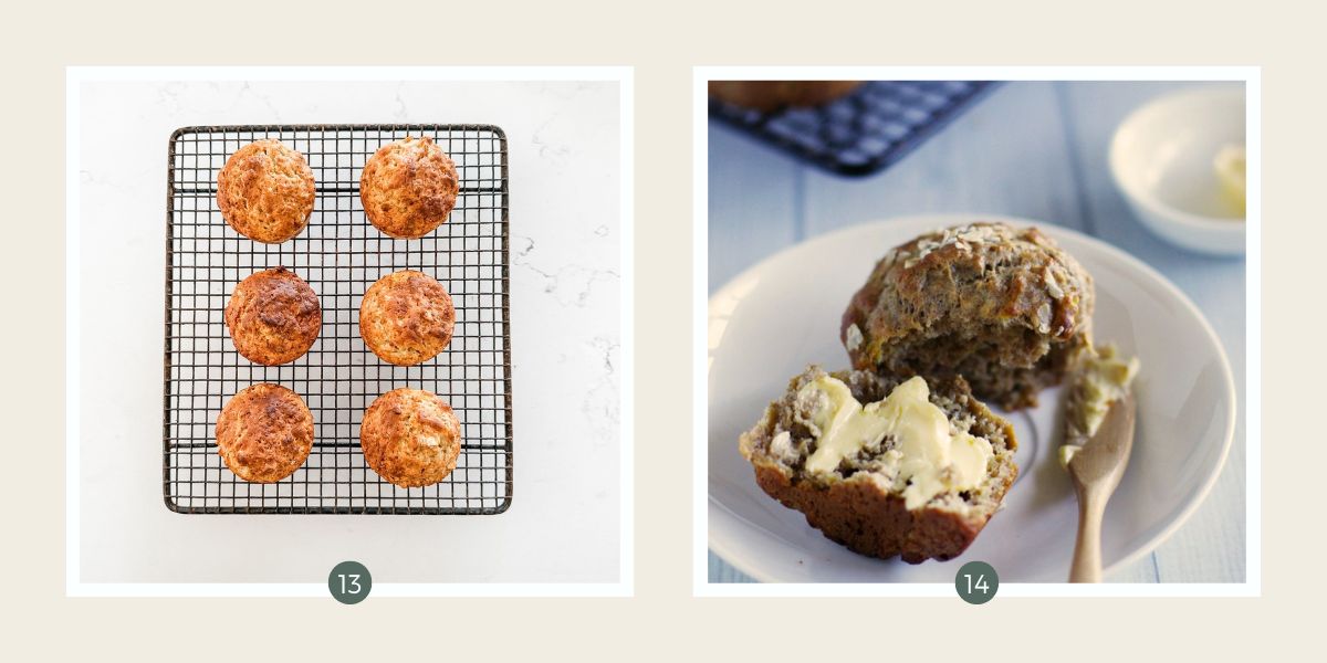 6 Healthy banana muffins on cooling rack and one cut open spread with butter.