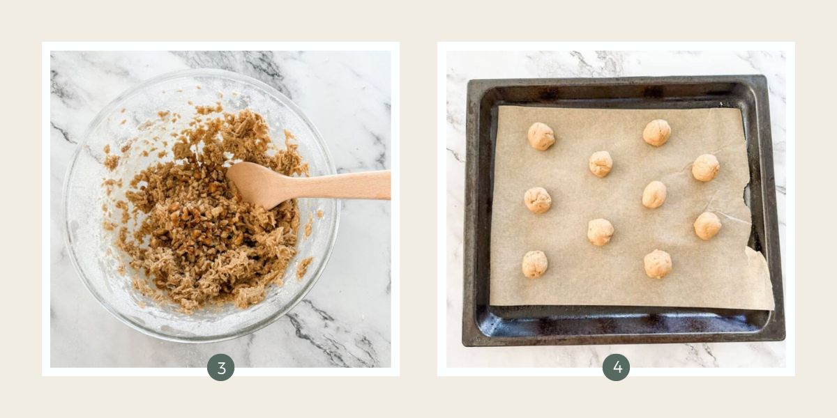 Folding walnuts into brown sugar walnut biscuit dough with a wooden spoon. 
