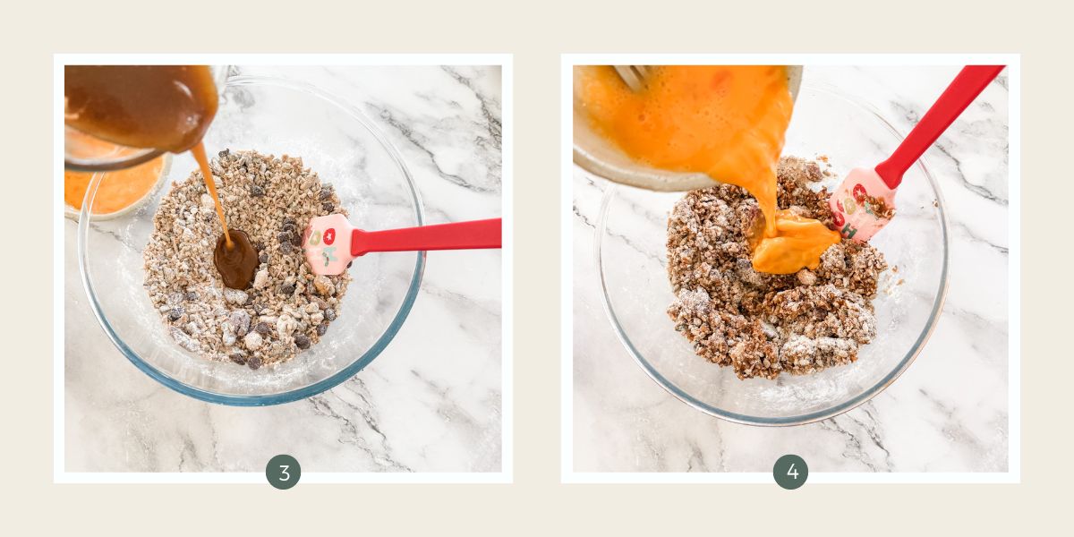 Melted butter being tipped into a bowl of muesli, flour and dark chocolate chips.