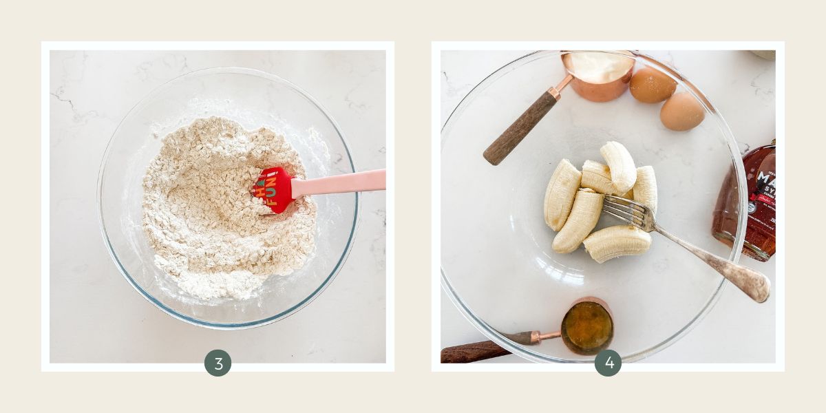 Oats mixed into a bowl of flour (large glass bowl) and 3 peeled bananas in another large glass bowl waiting to be mashed to make Healthy Banana Oat Muffins.