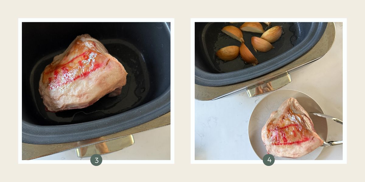 Searing a leg of lamb in a slow cooker and a slow cooker with 2 onions cut in quarters on the bottom. 
