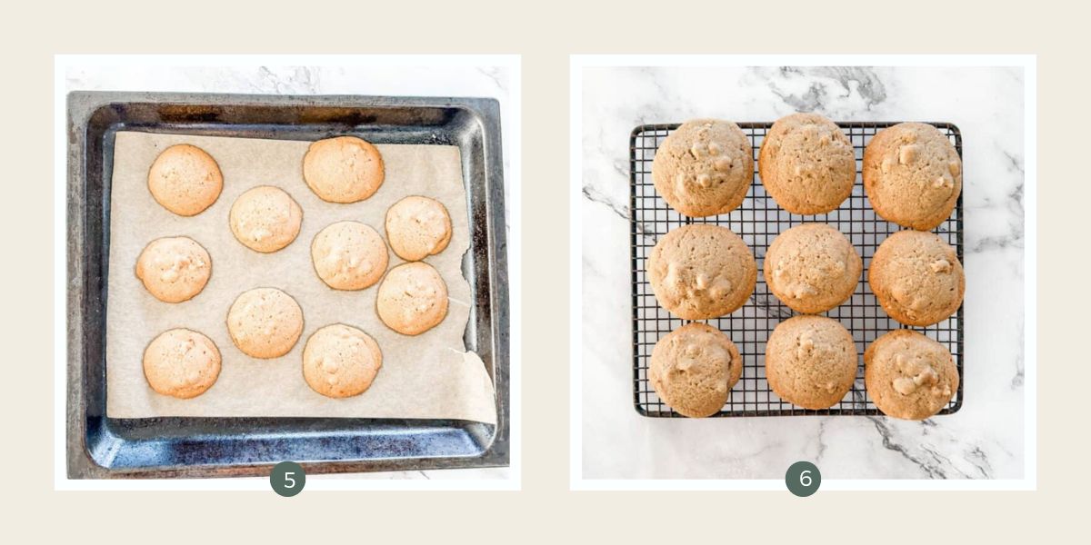 Brown sugar walnut biscuits on a tray fresh from the oven and cooling on a wire rack. 