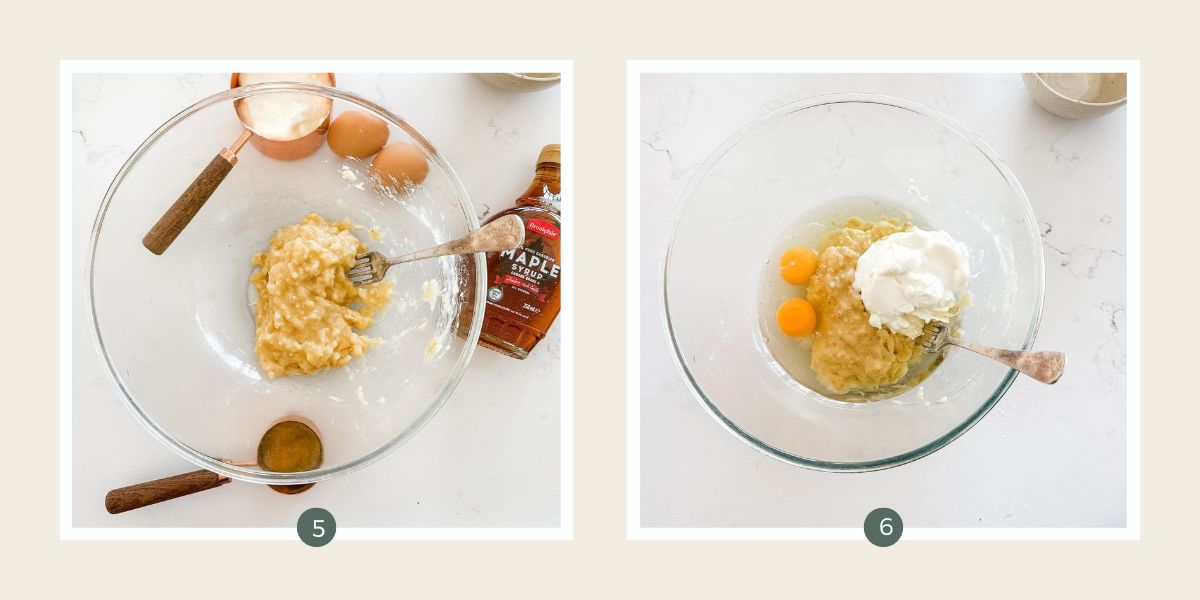 Large glass bowl of mashed banana with added yoghurt and 2 eggs.