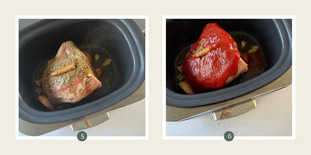 Leg of lamb in a slow cooker covered in spices to make Slow Cooker Shredded Lamb.