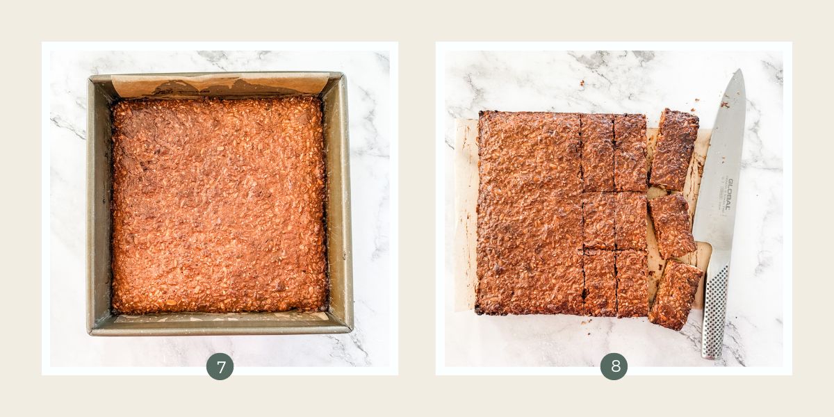 Muesli slice baked in a square tin and on a bench cut up with stainless steel knife.