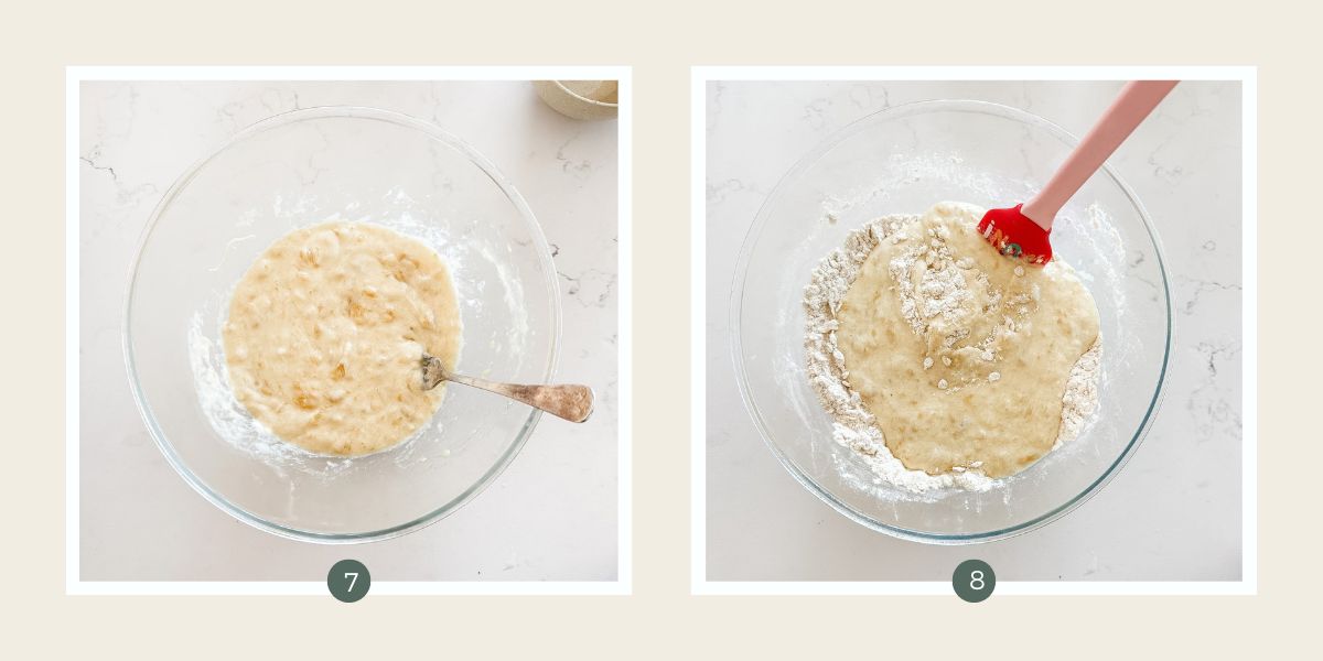 Wet ingredients and dry ingredients being combined in a large glass bowl to make banana muffins.