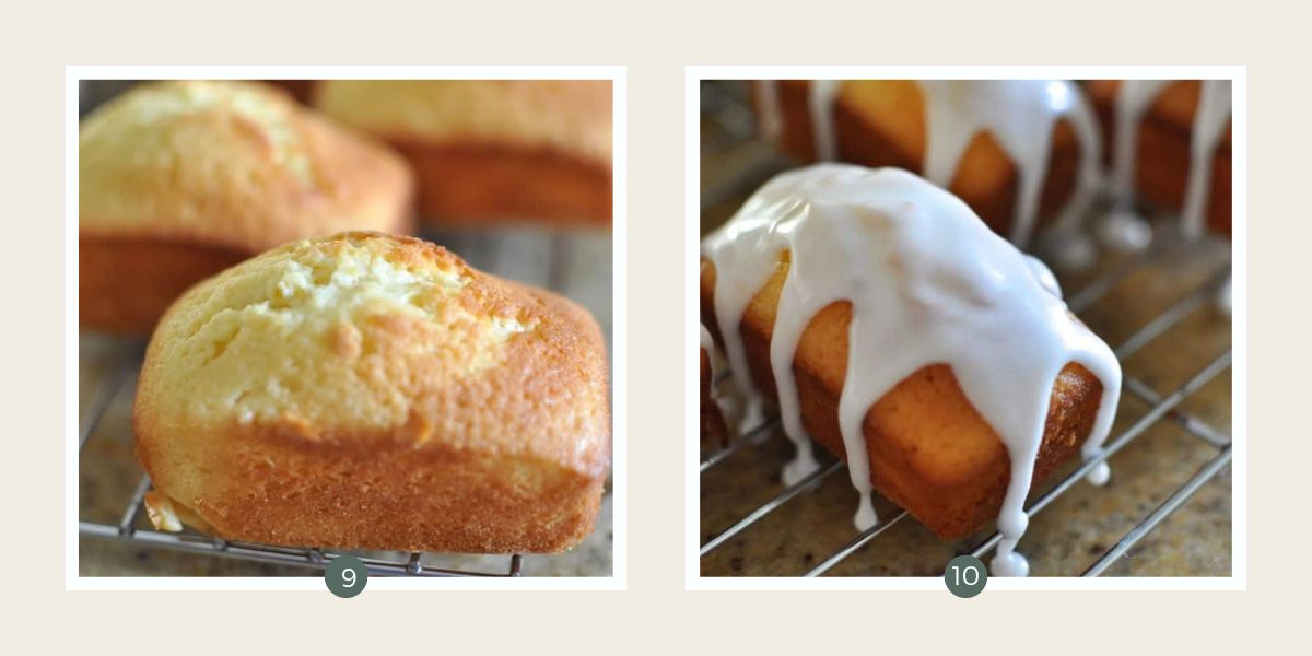 Easy Madeira loaf cakes with lemon icing before and after icing. 