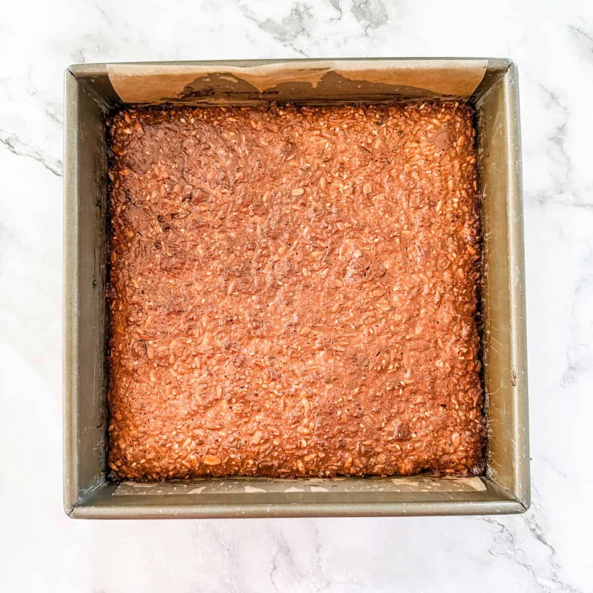 Baked muesli bar in tin. 