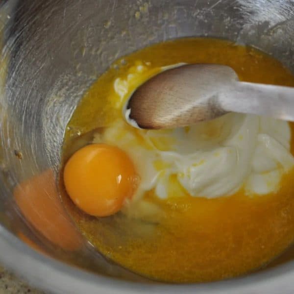 Healthy raspberry and white chocolate muffin - mixing the wet ingredients