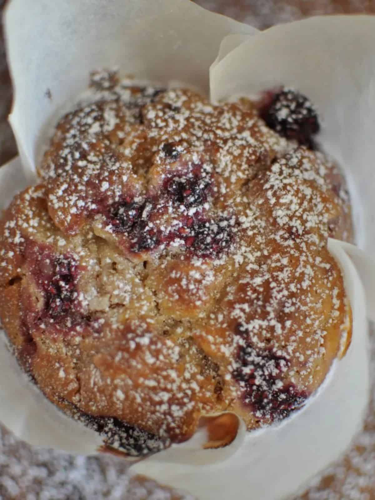 Healthy raspberry and white chocolate muffins dusted with icing sugar