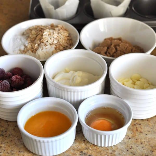 Healthy raspberry and white chocolate muffins - ingredients laid out