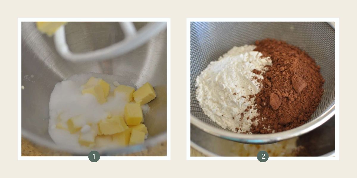 Stainless steel mixing bowl with butter and sugar sieve with flour and cocoa. 