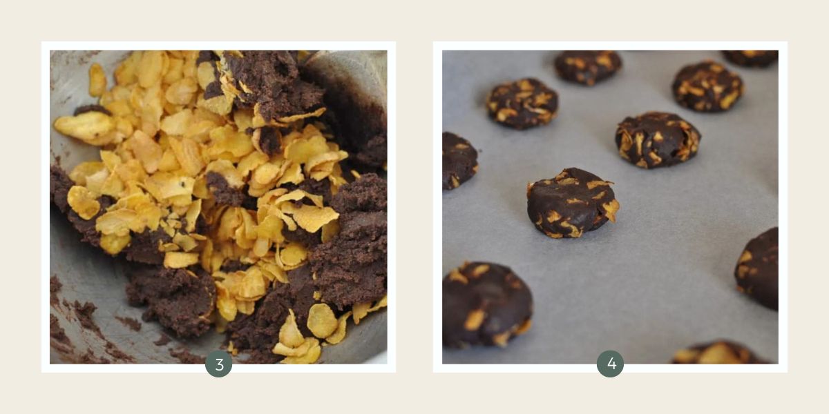 Adding corn flakes to chocolate biscuits dough and balls of Afghan biscuit rolled in balls on a lined tray. 