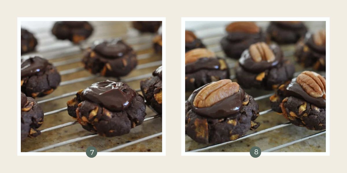 Afghan biscuits cooling on a wire rack and with icing on top and a pecan. 