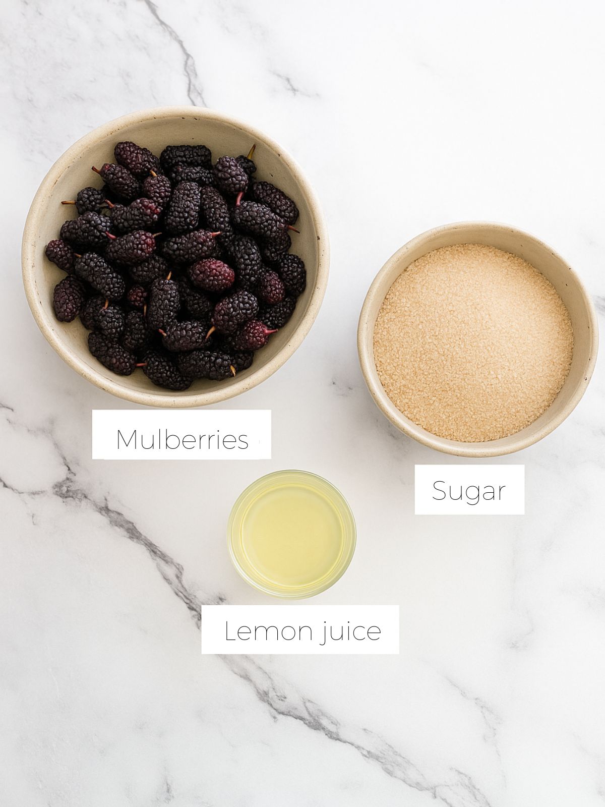 Ingredients you need to make mulberry jam in bowls. Bowl of fresh mulberries. Bowl of sugar. Bowl of lemon juice all on a white marble bench top.