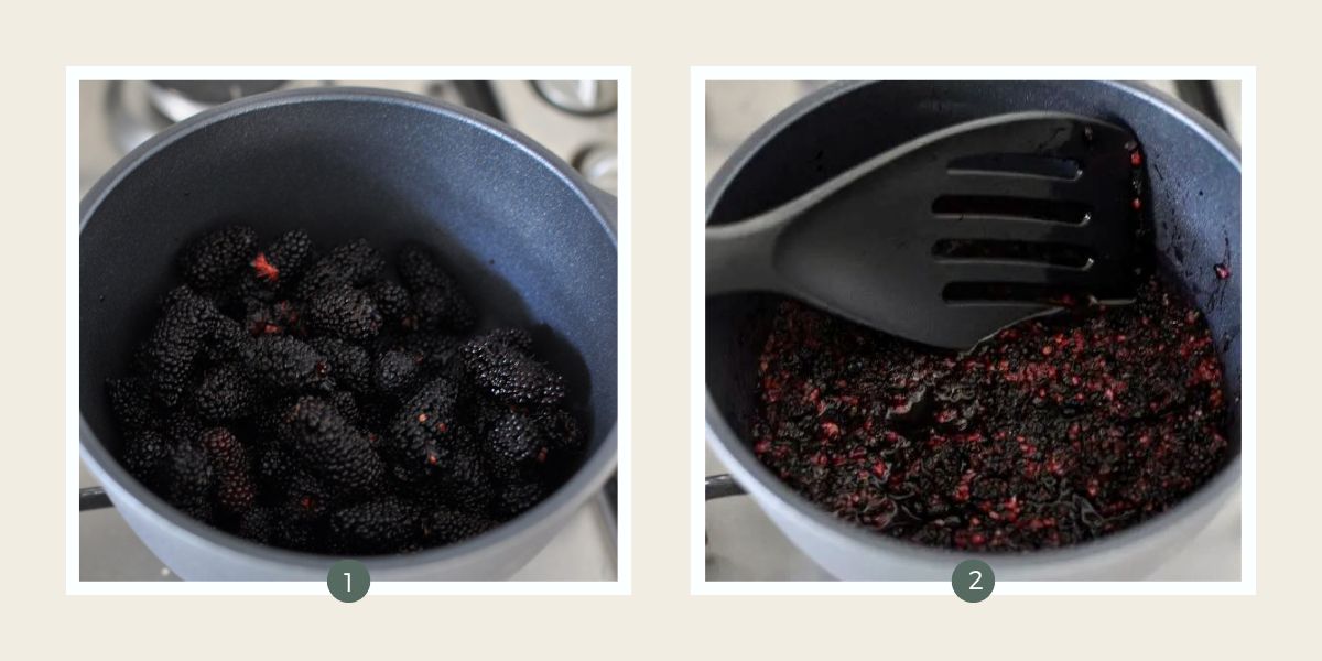 Mulberries in a saucepan to make mulberry jam.
