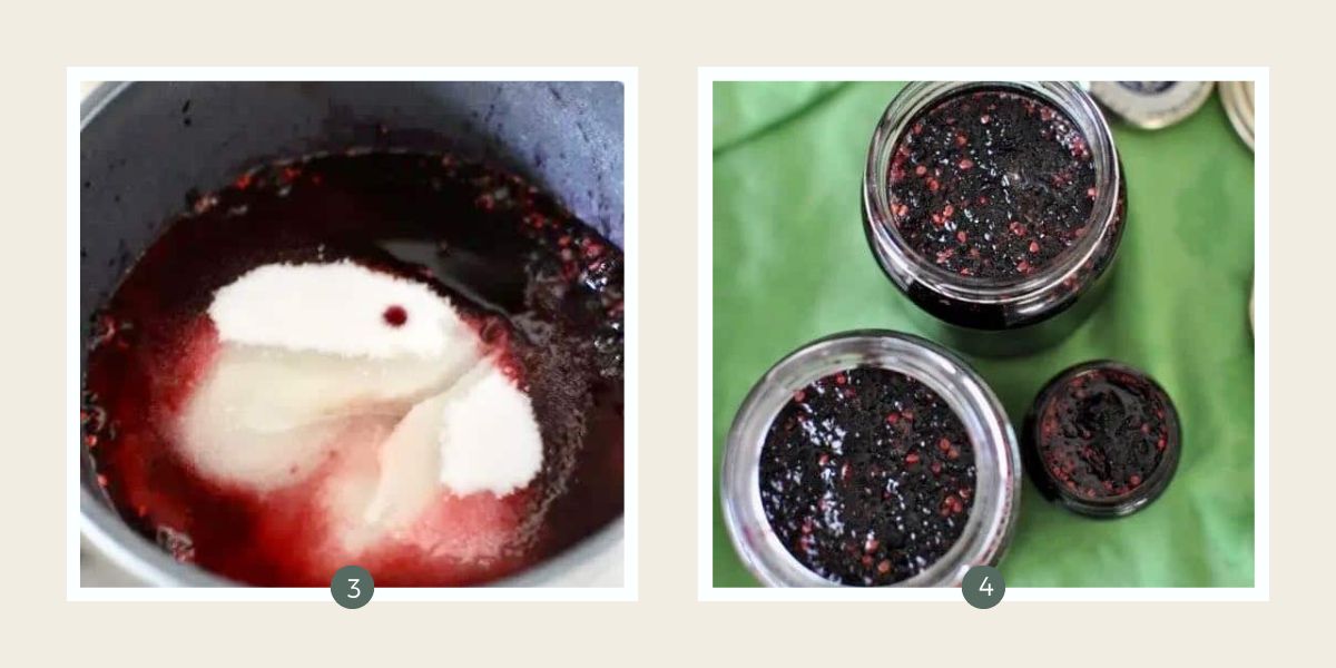 Adding sugar to a saucepan to make mulberry jam.