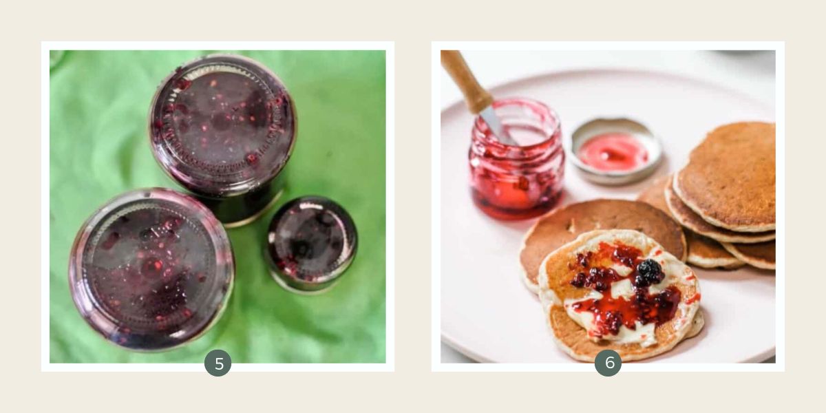 Mulberry jam jars upside down cooling and mulberry jam in a jar and spread on pancakes.