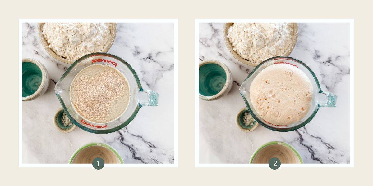 Yeast and water in jug and yeast activated in a jug. 