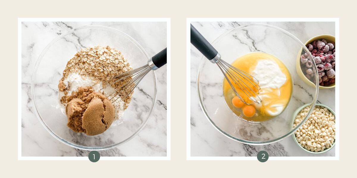 Making raspberry white chocolate muffins - glass bowl with oats, flour, sugar then adding eggs, yoghurt & melted butter.