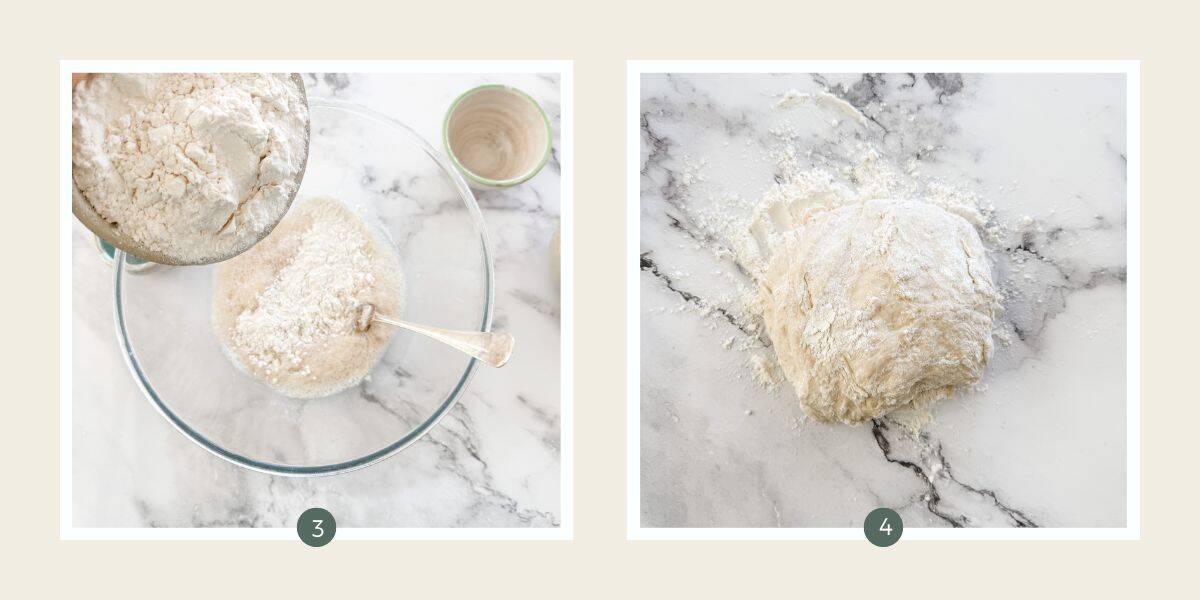 Mixing activated yeast with flour in a large bowl & tipping out onto a floured white marble bench top. 