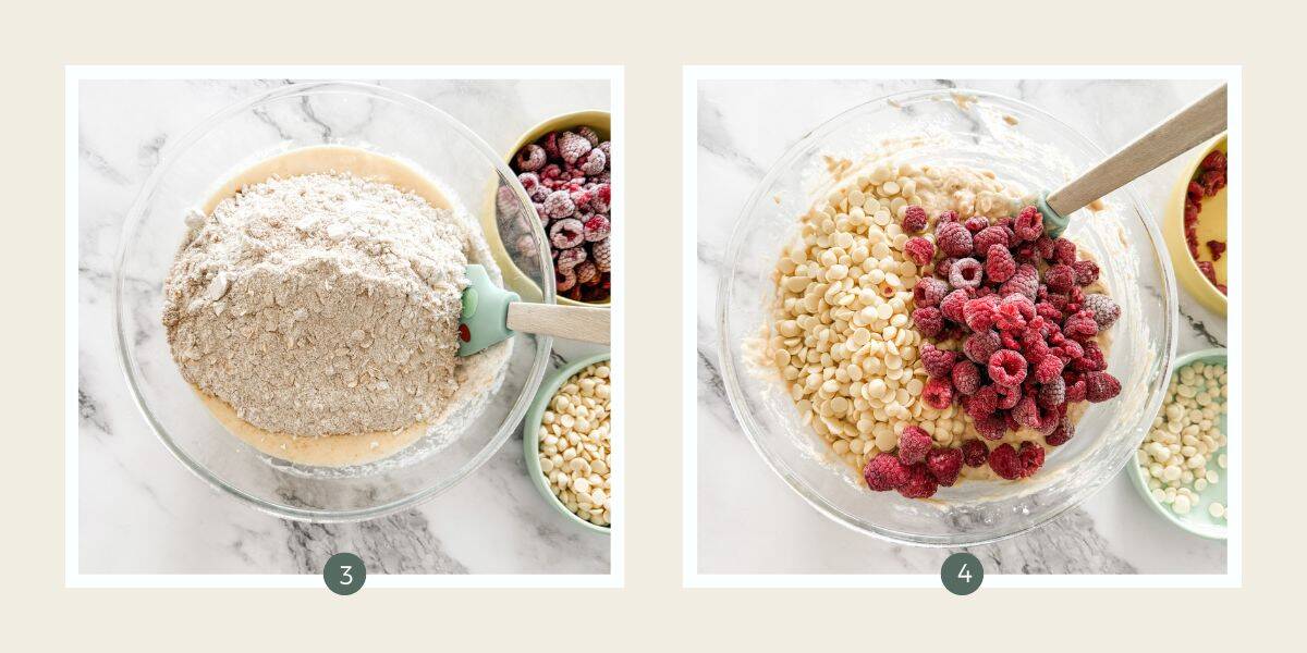 Mixing wet and dry muffin ingredients in glass bowl then adding frozen raspberries and white chocolate.