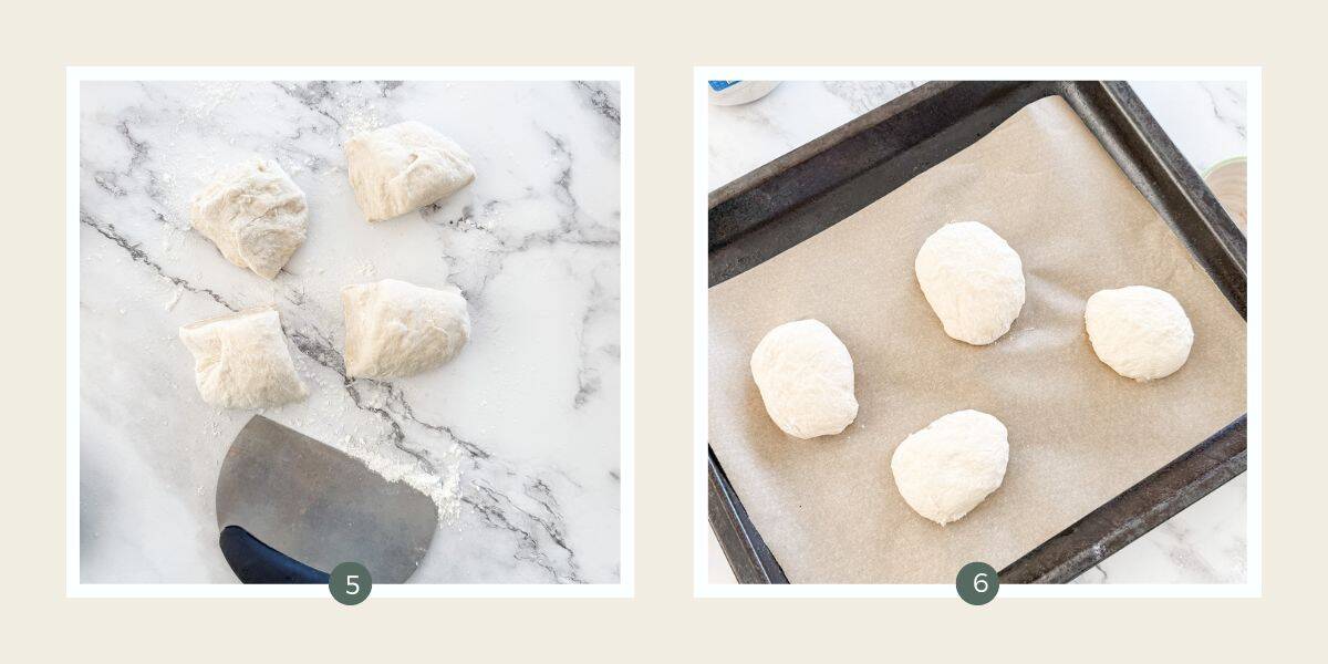 Cutting dough into 4 portions with a dough cutter and shaped rolls on lined baking tray. 