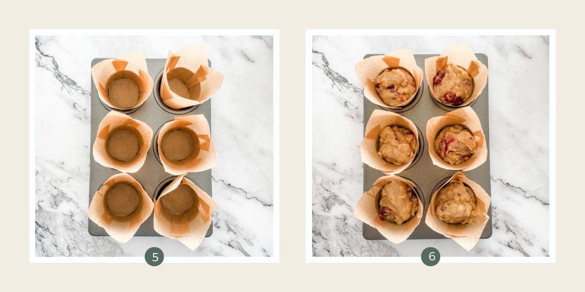 6 cafe style muffin liners in a muffin tin. Next image liners have muffin batter in them. 