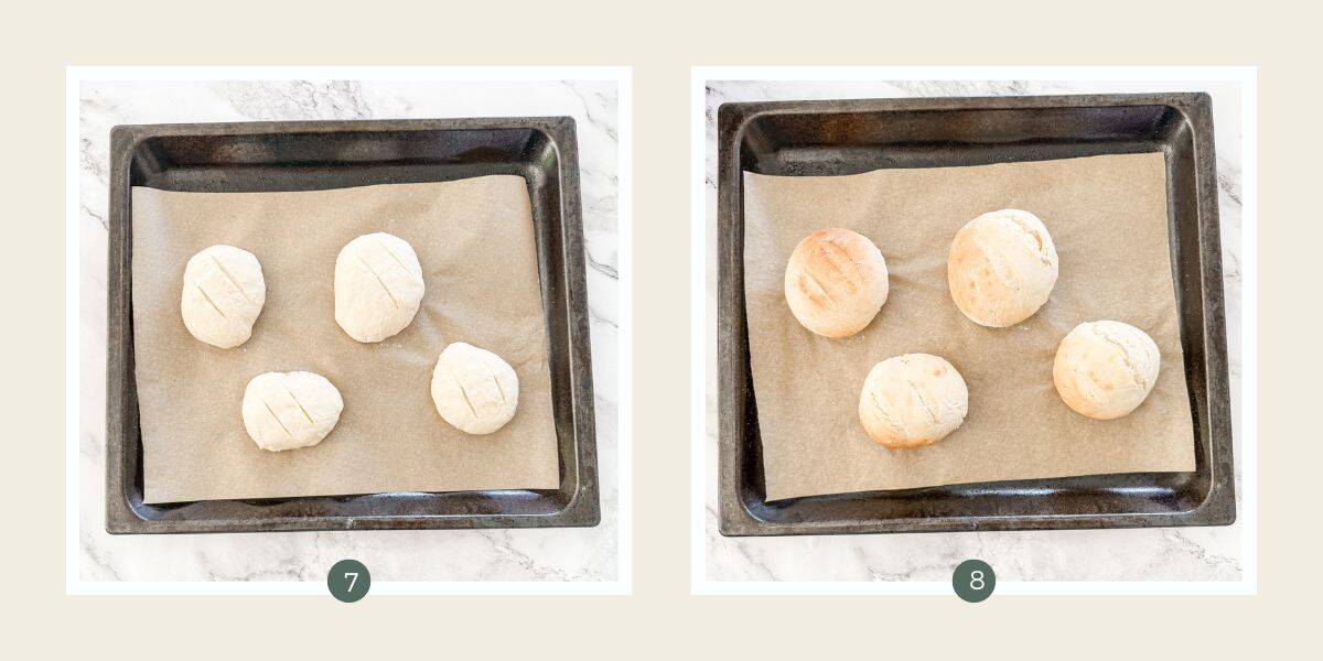 4 x 30 minute bread rolls on a baking paper lined tray and then baked rolls.