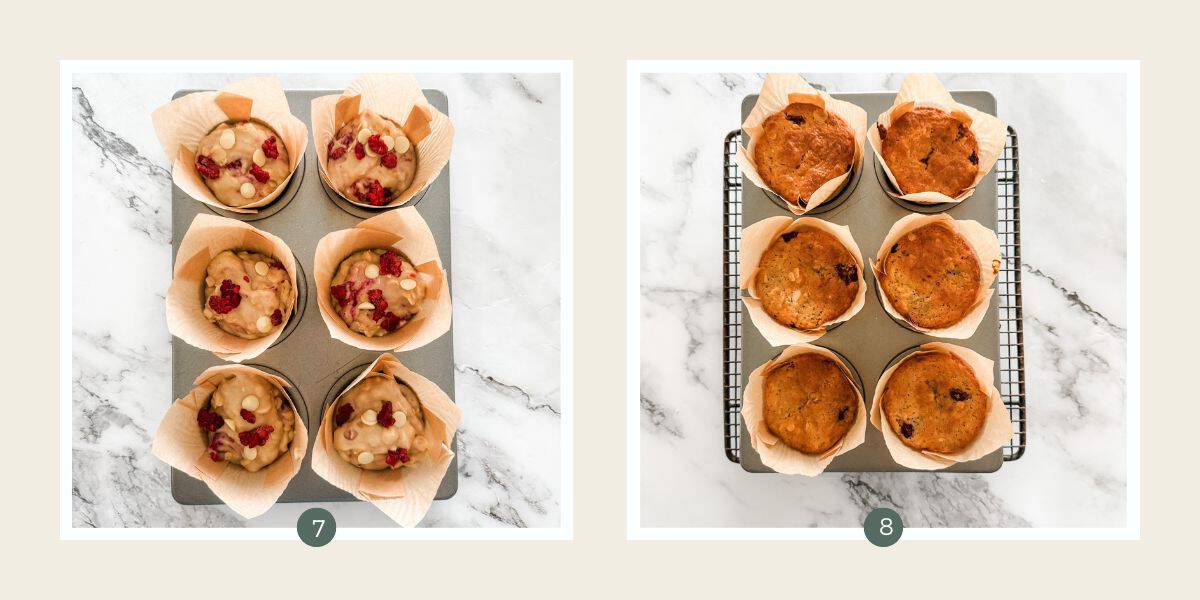 Raw muffin batter topped with raspberries and white chocolate in 6 hole muffin case lined muffin tray. 