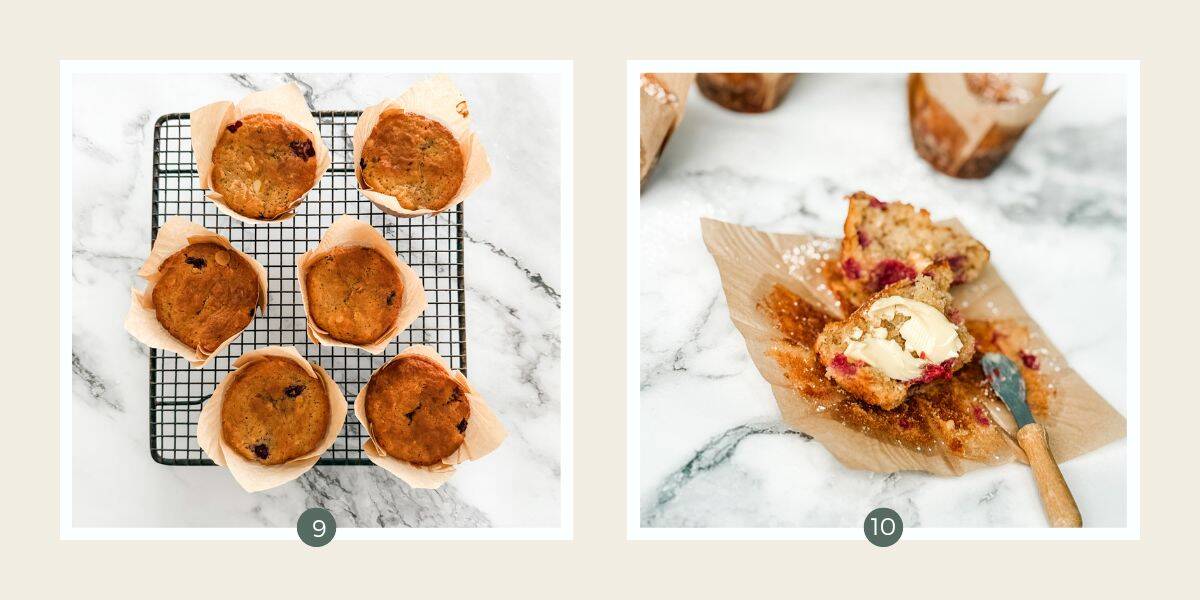 White chocolate and raspberry muffins cooling on wire rack & muffin spread with butter. 