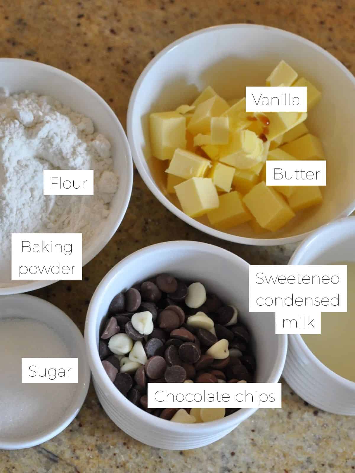 Ingredients laid out ready for making chocolate chip sante biscuits