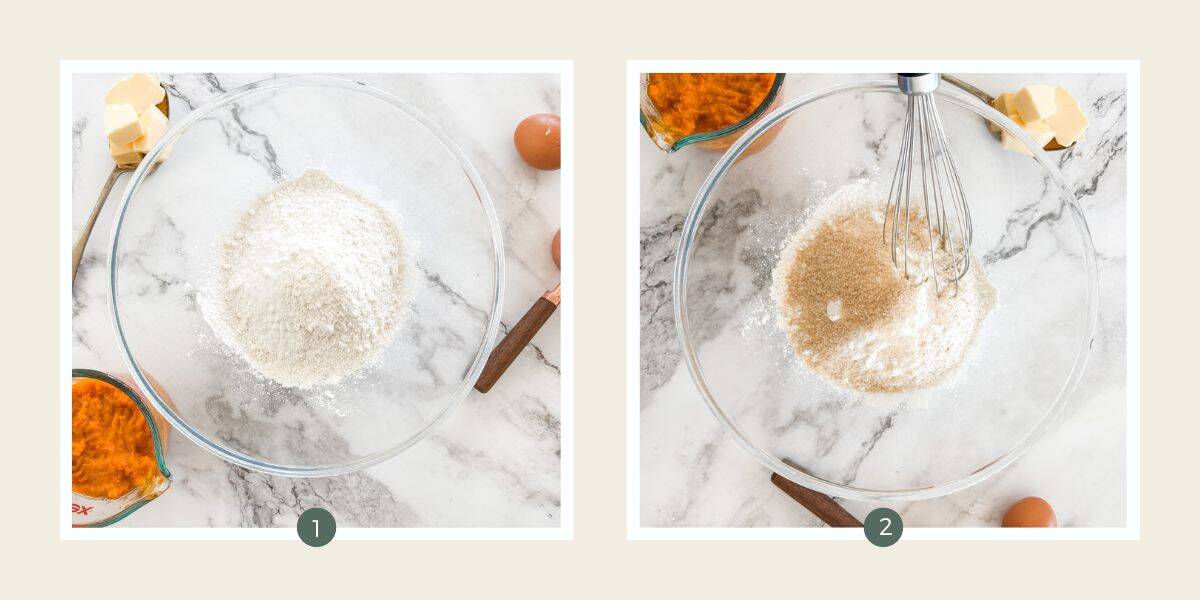 Glass bowl with flour. Glass bowl with sugar being whisked into flour. 