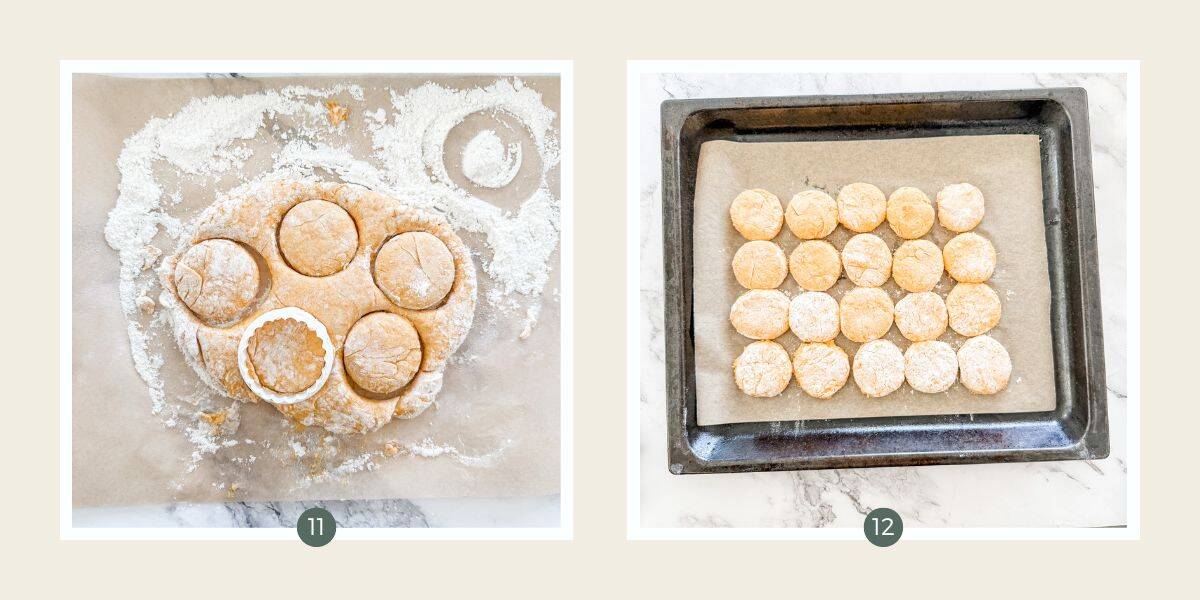 Cutting rounds from pumpkin scone dough. Pumpkin scone dough on baking tray ready to be baked.