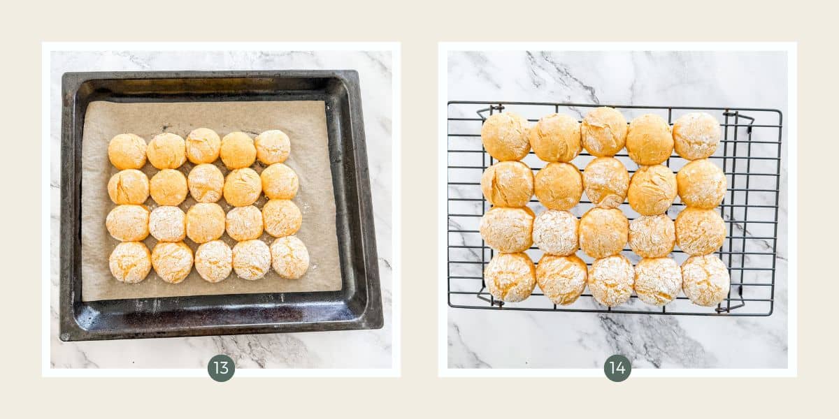 Pumpkin scones baked on a baking tray. Pumpkin scones cooling on a cooling rack. 