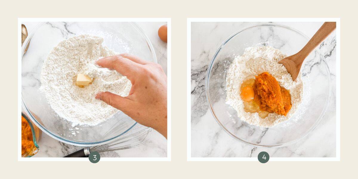 Glass bowl with flour and fingers rubbing butter in. Next image - eggs and pumpkin puree being stirred in with wooden spoon.