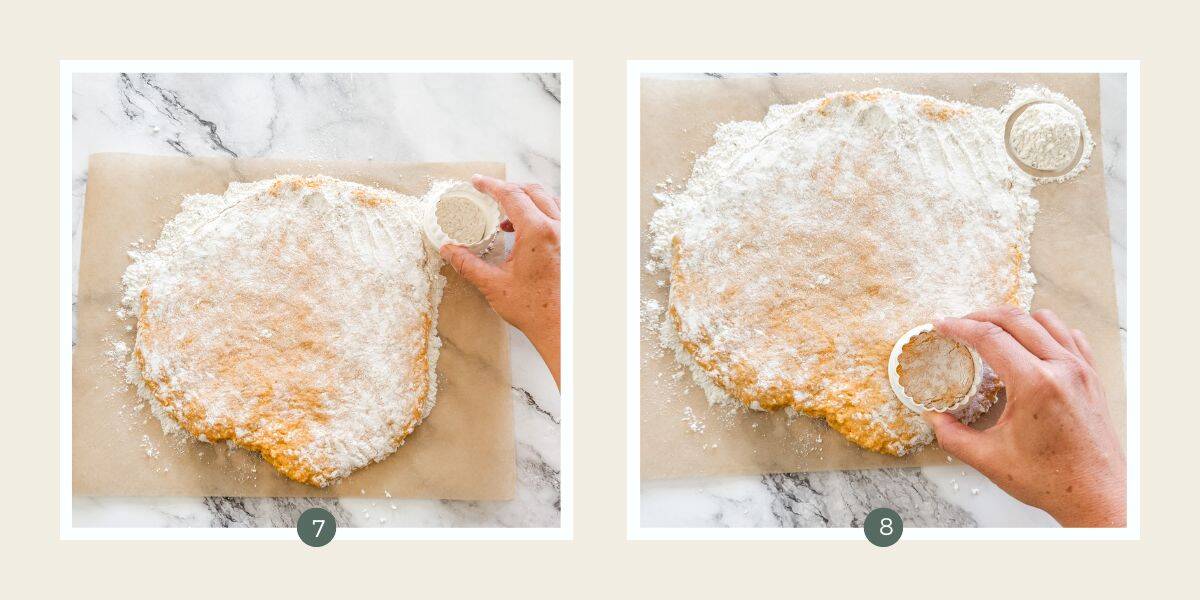 Flour round cookie cutter and using it to cut rounds in pumpkin scone dough.
